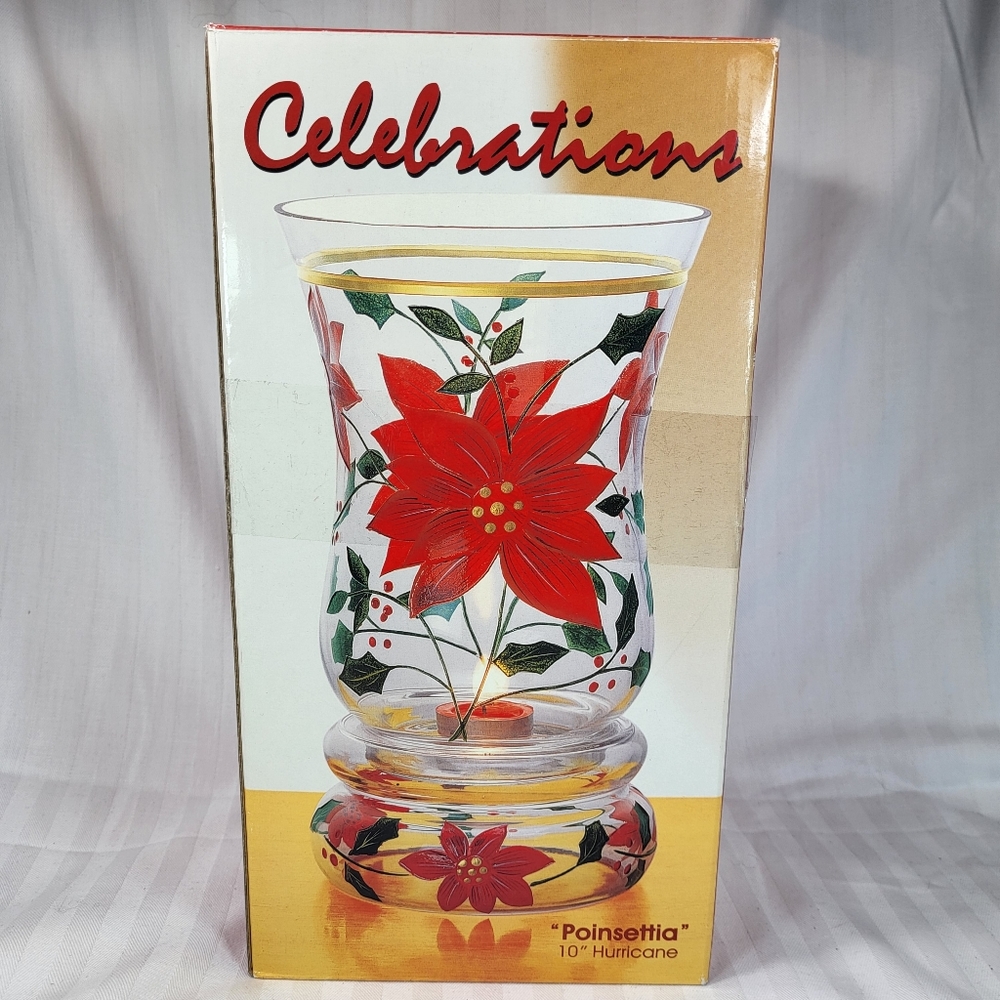 Celebrations Poinsettia Hurricane Candle Holder Glass 10" Christmas 2pc with Box - Picture 16 of 16